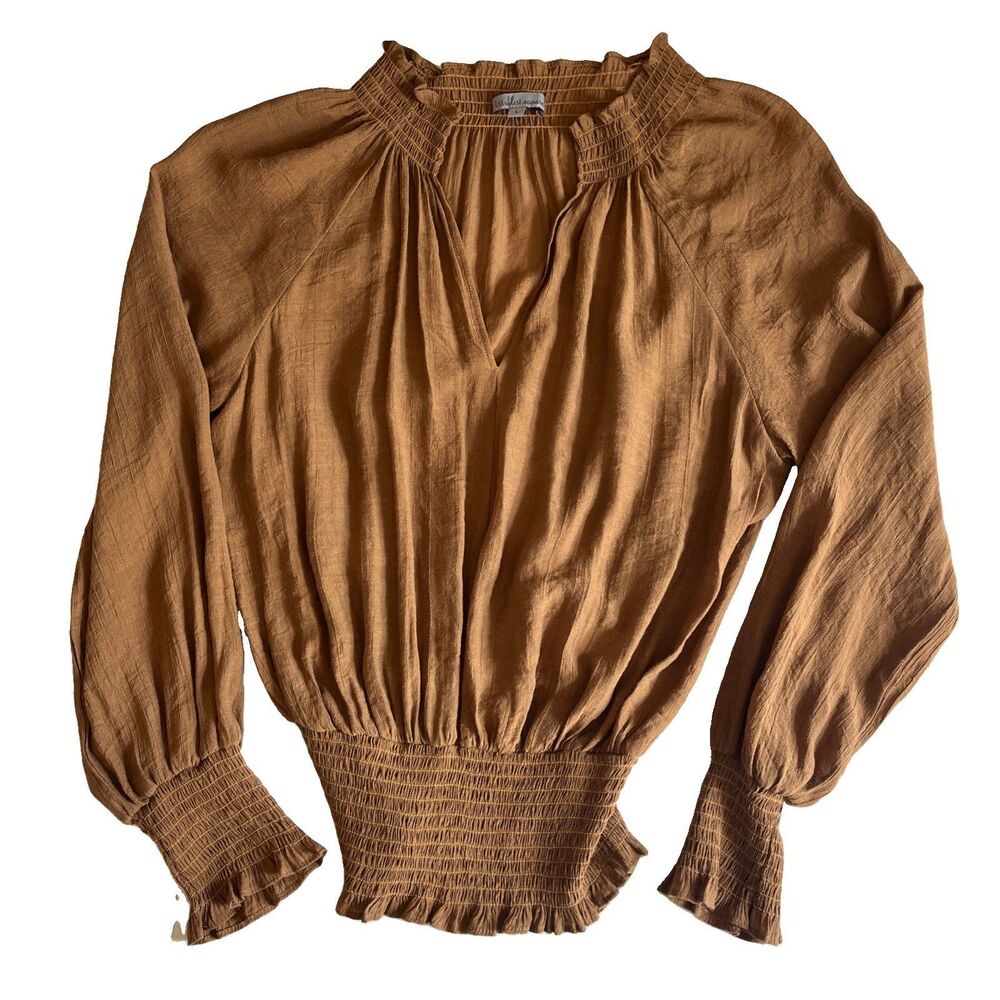 Wishlist Apparel Peasant Blouse Womens L Carmel Brown Ruched V Neck Long Sleeve